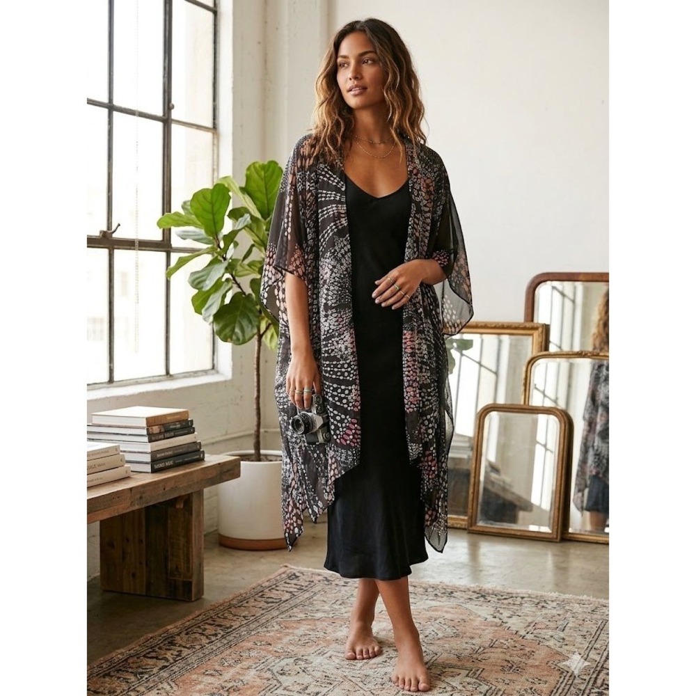 Patrons of Peace Black Lotus Sheer Boho Southwest Kimono Flowy Open Duster M/L